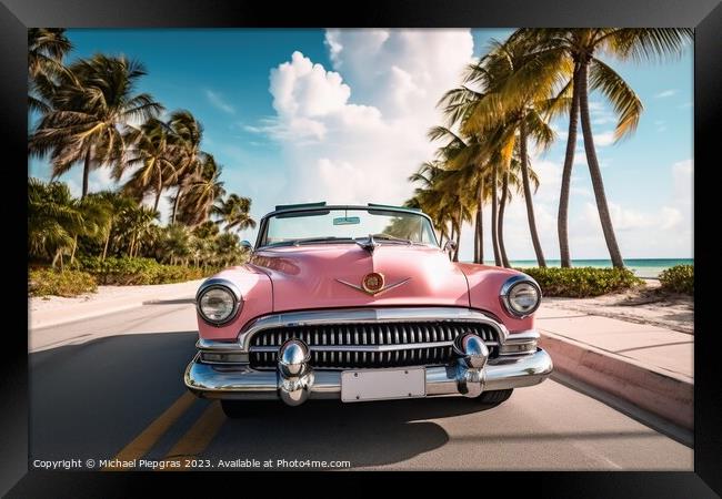 A pink caddilac on a road with palm trees at florida beach creat Framed Print by Michael Piepgras