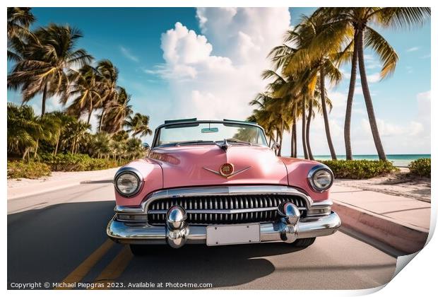 A pink caddilac on a road with palm trees at florida beach creat Print by Michael Piepgras