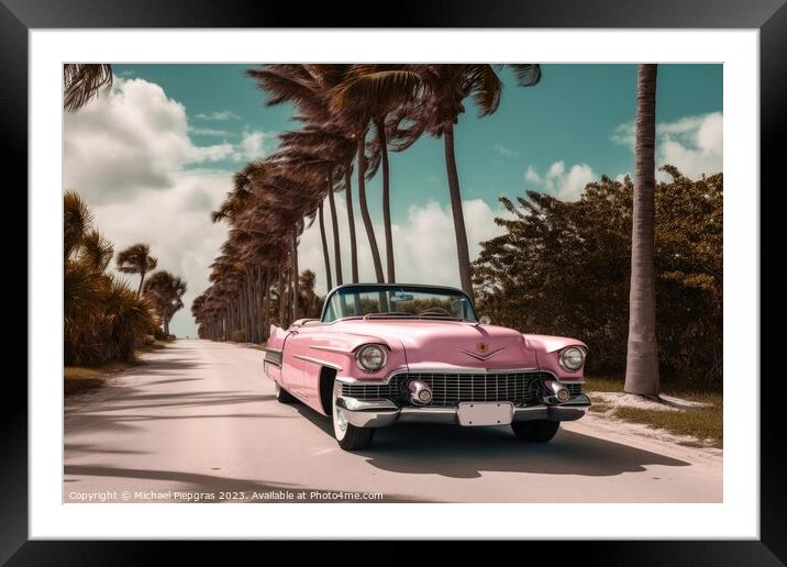 A pink caddilac on a road with palm trees at florida beach creat Framed Mounted Print by Michael Piepgras