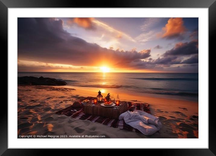 A romantic picnic on a tropical beach at sunset created with gen Framed Mounted Print by Michael Piepgras