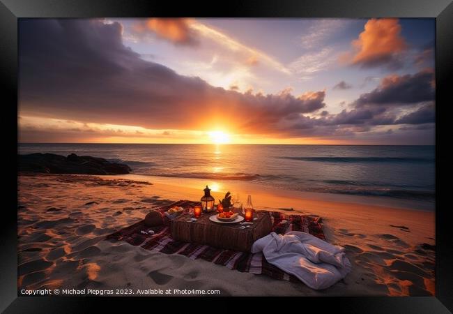 A romantic picnic on a tropical beach at sunset created with gen Framed Print by Michael Piepgras