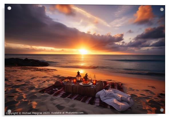 A romantic picnic on a tropical beach at sunset created with gen Acrylic by Michael Piepgras