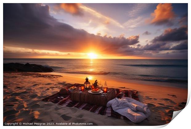 A romantic picnic on a tropical beach at sunset created with gen Print by Michael Piepgras