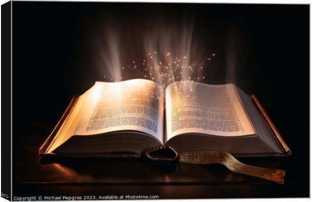 A shining holy bible with a glowing halo created with generative Canvas Print by Michael Piepgras