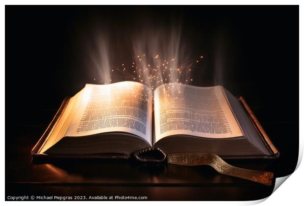 A shining holy bible with a glowing halo created with generative Print by Michael Piepgras