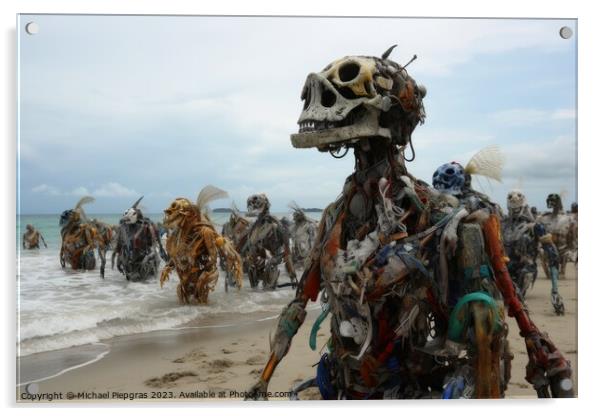 A swarm of evil plastic waste figures conquers the beach from th Acrylic by Michael Piepgras