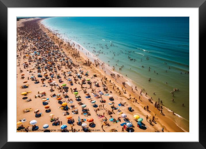 Aerial view of a sunny beach crowded with people created with ge Framed Mounted Print by Michael Piepgras