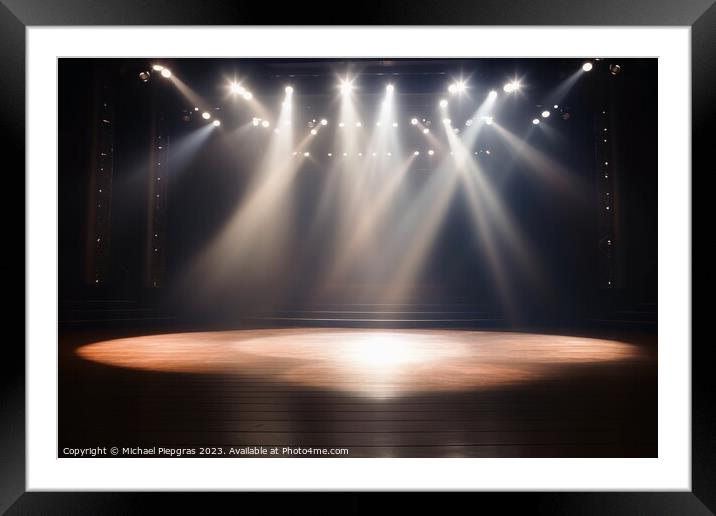 A stage with spotlight created with generative AI technology. Framed Mounted Print by Michael Piepgras