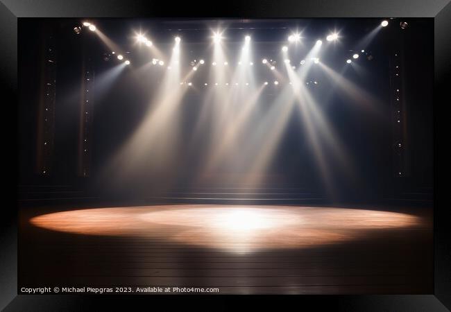 A stage with spotlight created with generative AI technology. Framed Print by Michael Piepgras