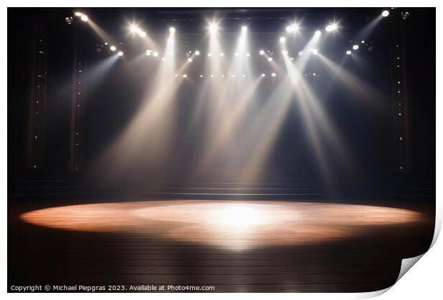 A stage with spotlight created with generative AI technology. Print by Michael Piepgras