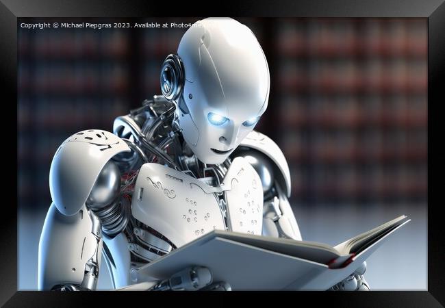 An AI Robot reading a book created with generative AI technology Framed Print by Michael Piepgras