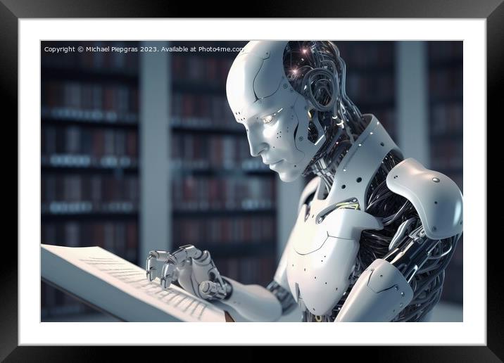 An AI Robot reading a book created with generative AI technology Framed Mounted Print by Michael Piepgras