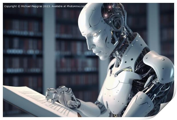 An AI Robot reading a book created with generative AI technology Print by Michael Piepgras