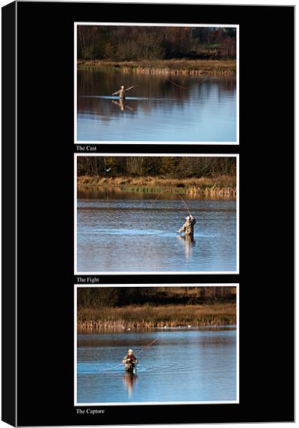 Fly Fishing Triptych Black Background Canvas Print by Steve Purnell