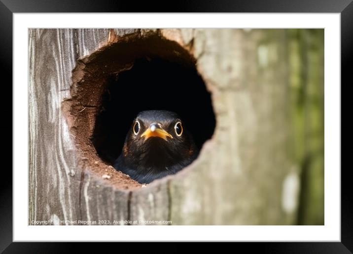 Bird peek a boo out of a tree created with generative AI technol Framed Mounted Print by Michael Piepgras