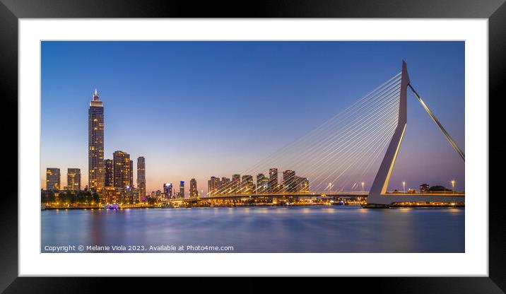 Erasmus Bridge and Rotterdam skyline in the evening | panorama Framed Mounted Print by Melanie Viola