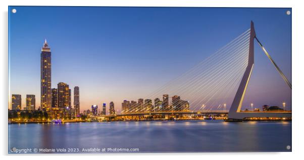 Erasmus Bridge and Rotterdam skyline in the evening | panorama Acrylic by Melanie Viola