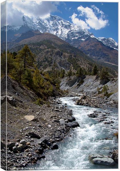 River and Mountains en route to Manang Canvas Print by Serena Bowles