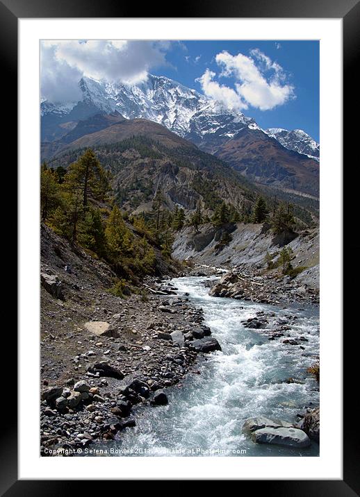 River and Mountains en route to Manang Framed Mounted Print by Serena Bowles