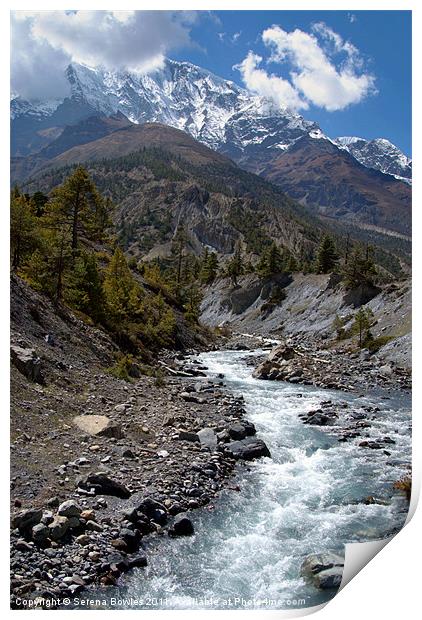 River and Mountains en route to Manang Print by Serena Bowles