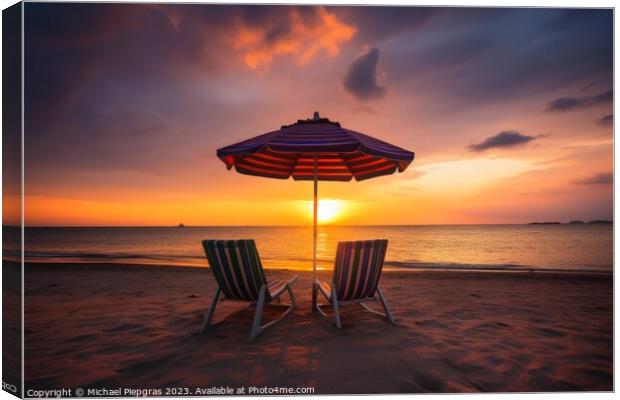 Two beach chairs and a little table with a colorful parasol dire Canvas Print by Michael Piepgras