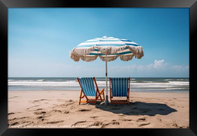 Two beach chairs with a parasol directly on the beach created wi Framed Print by Michael Piepgras