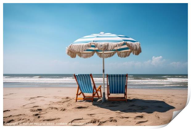 Two beach chairs with a parasol directly on the beach created wi Print by Michael Piepgras