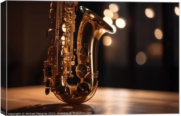 Close-up of a saxophone with reflections and a soft bokeh of lig Canvas Print by Michael Piepgras