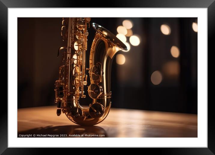 Close-up of a saxophone with reflections and a soft bokeh of lig Framed Mounted Print by Michael Piepgras