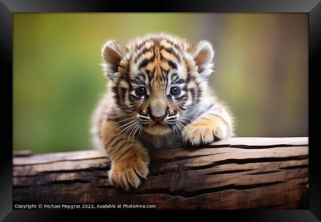 Cute little tiger baby created with generative AI technology. Framed Print by Michael Piepgras