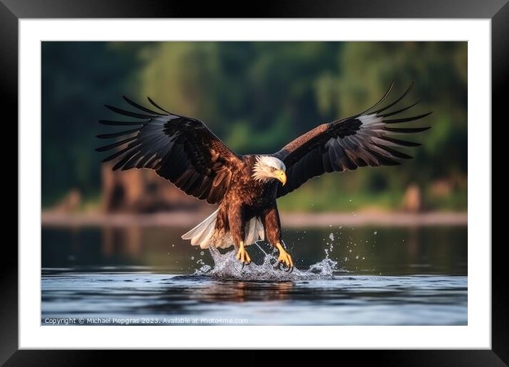 Eagle catching fish in a lake created with generative AI technol Framed Mounted Print by Michael Piepgras