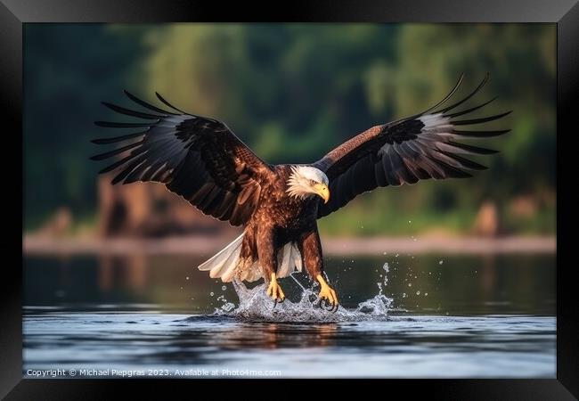 Eagle catching fish in a lake created with generative AI technol Framed Print by Michael Piepgras