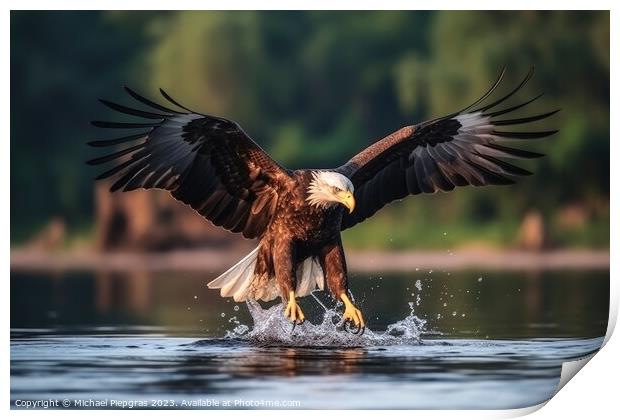 Eagle catching fish in a lake created with generative AI technol Print by Michael Piepgras
