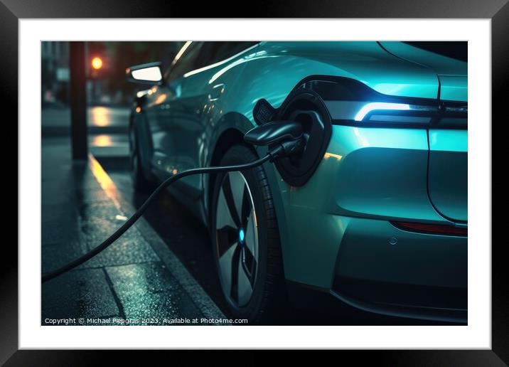 Electric car charging concept created with generative AI technol Framed Mounted Print by Michael Piepgras
