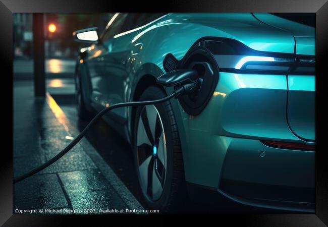 Electric car charging concept created with generative AI technol Framed Print by Michael Piepgras