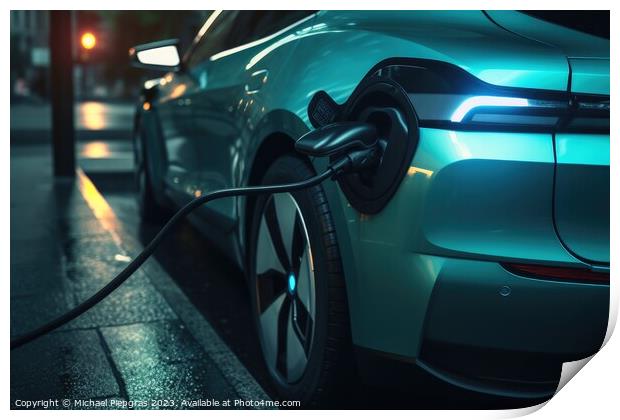 Electric car charging concept created with generative AI technol Print by Michael Piepgras