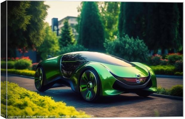 Futuristic electric car in a green city created with generative  Canvas Print by Michael Piepgras