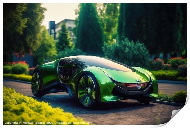 Futuristic electric car in a green city created with generative  Print by Michael Piepgras