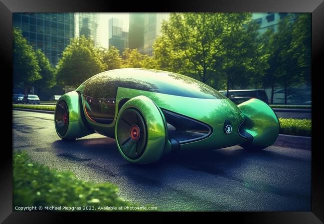 Futuristic electric car in a green city created with generative  Framed Print by Michael Piepgras