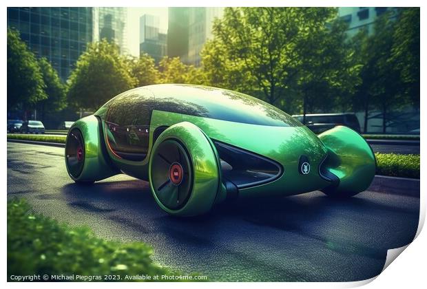 Futuristic electric car in a green city created with generative  Print by Michael Piepgras