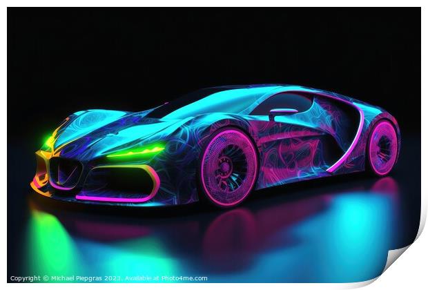 Futuristic luxury sports car neon colors created with generative Print by Michael Piepgras