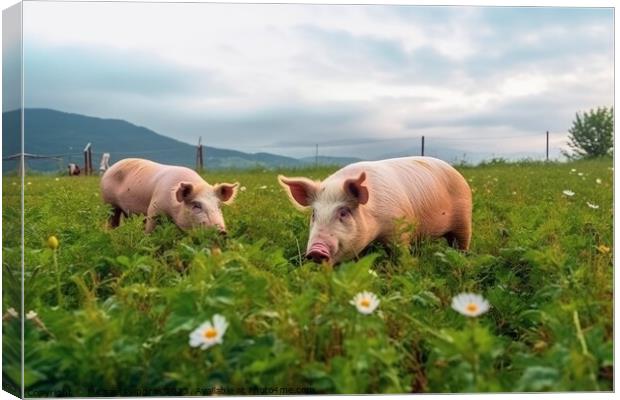 Pigs on a green meadow on a farm created with generative AI tech Canvas Print by Michael Piepgras