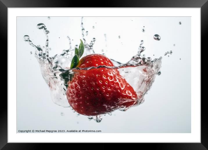 Strawberries falling into water with splashes on a white backgro Framed Mounted Print by Michael Piepgras