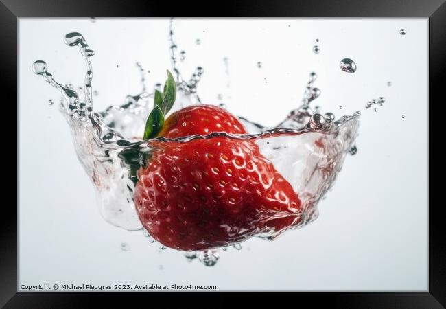 Strawberries falling into water with splashes on a white backgro Framed Print by Michael Piepgras