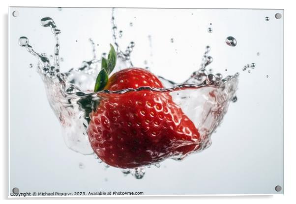 Strawberries falling into water with splashes on a white backgro Acrylic by Michael Piepgras