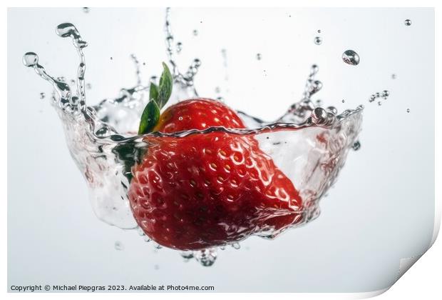 Strawberries falling into water with splashes on a white backgro Print by Michael Piepgras