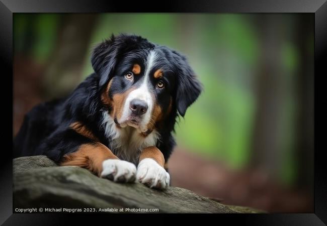 Portrait of a cute bernese mountain dog created with generative  Framed Print by Michael Piepgras