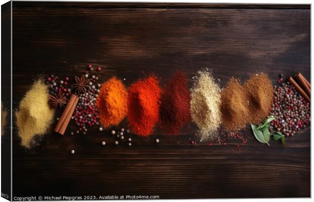 Top view of a lot of spices on a wooden table with copy space cr Canvas Print by Michael Piepgras