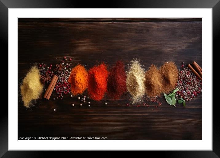Top view of a lot of spices on a wooden table with copy space cr Framed Mounted Print by Michael Piepgras