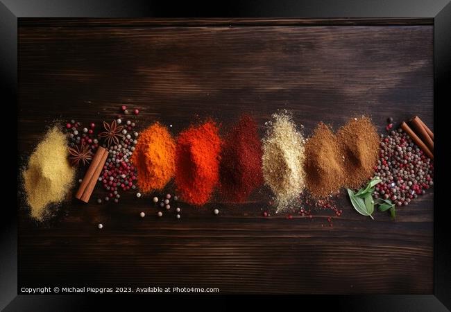 Top view of a lot of spices on a wooden table with copy space cr Framed Print by Michael Piepgras